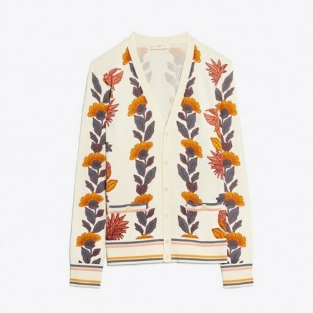 Tory Burch Madeline Cardigan Orange Wonderland Vine Printed Sweater Size XL NWT